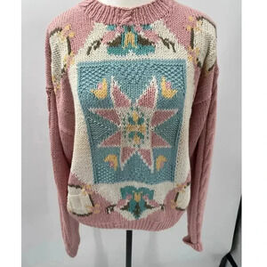 Vintage Woolrich Women's Soft Pink Abstract Hand Knit Pullover Sweater Sz Medium